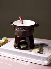 1 Set de Olla de Cerámica para Derretir Chocolate, Calentador de Queso, Olla de Fondue de Chocolate con Tenedor, Decoración de Cocina y Hogar, Apto para Bebidas Frías, Café, Tazas, Bebidas, Exterior, Picnic, Fiesta, Regalo de Cumpleaños