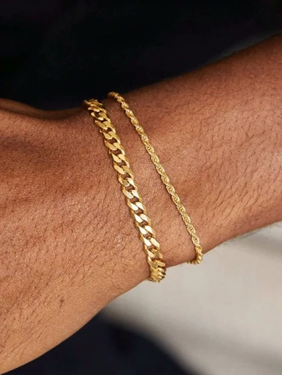 2 件/套不锈钢镀金链式手链，简约设计男士日常、通勤、节日礼物