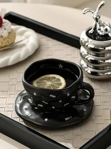 CMYD Studio 1 件 200 毫升手工心形和星形陶瓷咖啡杯碟套装，奢华黑白色，适用于咖啡拿铁、奶茶、下午茶、甜点、情侣礼物 - 彩色 - 查看 10