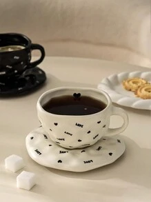 CMYD Studio 1 件 200 毫升手工心形和星形陶瓷咖啡杯碟套装，奢华黑白色，适用于咖啡拿铁、奶茶、下午茶、甜点、情侣礼物 - 彩色 - 查看 6