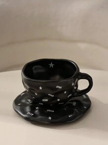 CMYD Studio 1 件 200 毫升手工心形和星形陶瓷咖啡杯碟套装，奢华黑白色，适用于咖啡拿铁、奶茶、下午茶、甜点、情侣礼物 - 彩色 - 查看 1