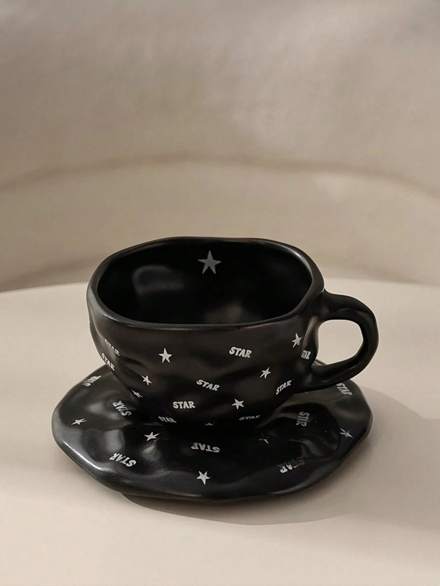 CMYD Studio 1 件 200 毫升手工心形和星形陶瓷咖啡杯碟套装，奢华黑白色，适用于咖啡拿铁、奶茶、下午茶、甜点、情侣礼物 - 彩色 - 查看 1