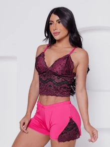 Baby Doll Rebeca In Sexy Luxury Lace And Garter Belt - 玫紅色 - 查看 5