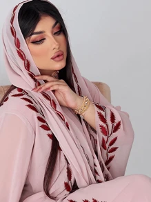 Fashion Street Style Summer Chiffon Embroidered Long Dress With Headscarf, Pink Round Neck, Modest Kaftan