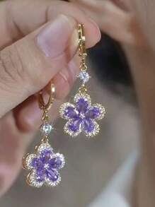优雅紫色花朵耳钉，新款简约别致百搭耳环，适合情人节、妈妈、母亲、母亲节、礼物 - 紫色 - 查看 2