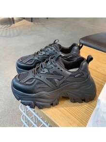 Tenis Chunky De Plataforma Para Mujer, Sneakers Urbanos Versátiles Con Agujetas, Calzado Deportivo Cómodo Y Transpirable Con Aumento De Altura - Negro - Ver 7