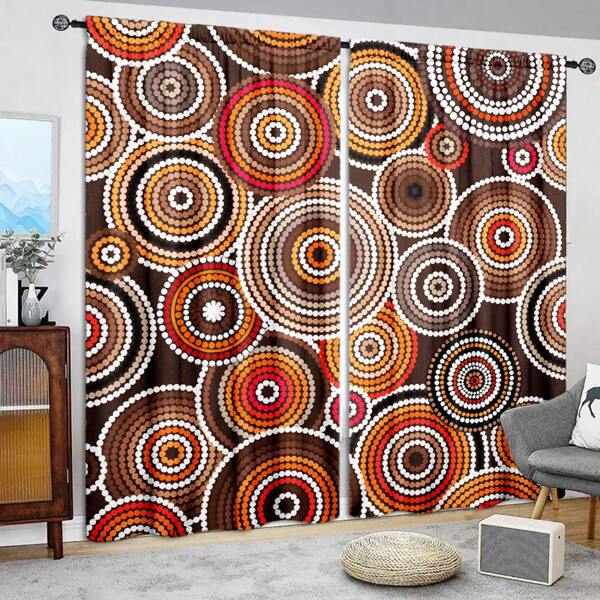 2pcs Aborigines Art Circle Bohemian Circle Printed Curtain For Home Decor - Rod Pocket Window Treatment For Bedroom, Office, Kitchen, Living Room, And Study