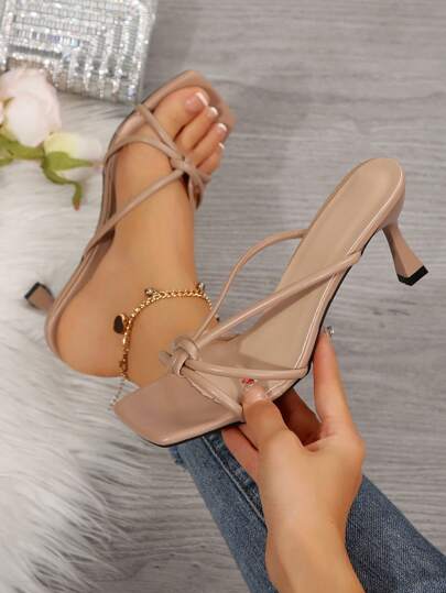 White Fairy Style Square Toe Thin Heel Sandals For Women, New Summer/Autumn Fashion French Artificial Leather High Heel Shoes Suitable For Dates, Gatherings, Parties, Outdoor Walking