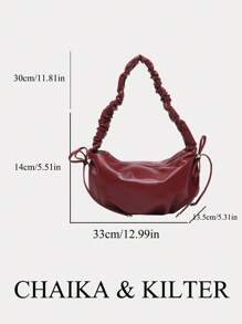 1 件纯色亮面 PU 女士单肩包，休闲时尚云褶设计，带领结装饰拉链开合，适合日常和外出使用 - 酒紅色 - 查看 2