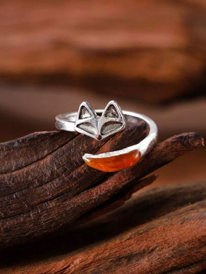 复古波西米亚风可爱狐狸尾巴设计指环，简约动物合金戒指，适合女性，秋季