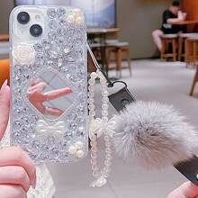 Funda protectora para teléfono con espejo / mariposa / flor decorada con rhinestones, cuerda de lazo y pompón compatible con Samsung // Redmi // iPhone, estilo Y2K con brillo - multicolor - Ver 3