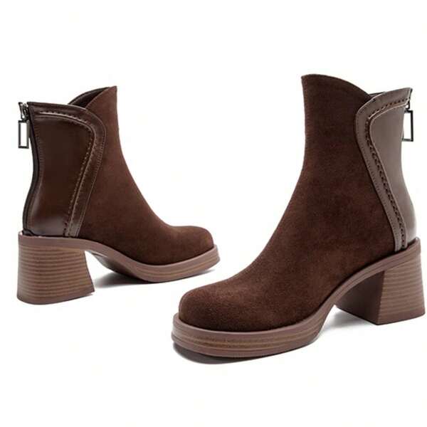 Women's Fashionable Casual Solid Color Elegant Chunky Heel Zipper Ankle Boots