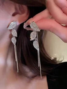 1 件银色优雅水晶装饰叶子设计长流苏吊坠耳环，时尚百搭新娘/婚礼/派对珠宝礼物，适合女性万圣节 - 銀色 - 查看 7