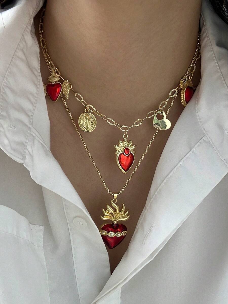 Collar con colgante con dije con forma de corazón rojo y tono dorado con cierre de circonita, adecuado para niñas y mujeres para uso diario, fiesta, cumpleaños, citas, regalo de joyería de moda creativa hecha a mano - Rojo - Ver 1