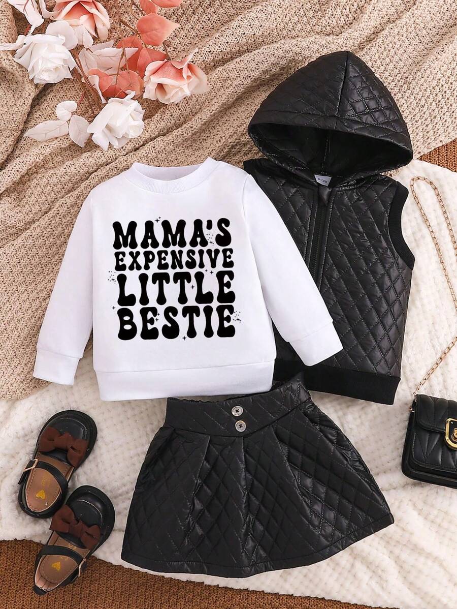 Bộ 3 món/bộ áo liền quần in hình dễ thương cho bé gái và áo nỉ kèm váy - màu đen - Xem 1
