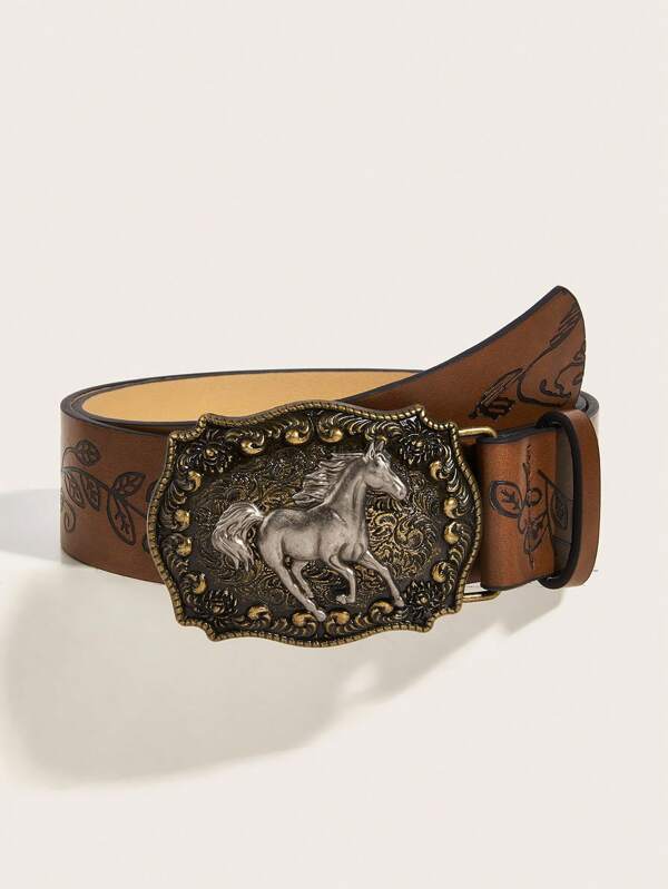1 buc Curea din piele PU unisex retro Western Cowboy cu cataramă animală în relief, la modă, potrivită pentru blugi, fuste și ținute pe tot parcursul anului, Halloween, vară, școală