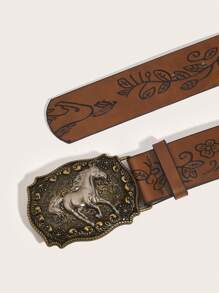1 件男女通用复古西部牛仔动物扣压花 PU 皮带，时尚百搭，适合牛仔裤、裙子和全年穿着万圣节夏季、学校秋季、秋季、万圣节 - 棕色 - 查看 4