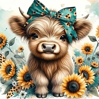 Adorable Highland Cow Diamond Painting Kit With Sunflowers, Round Diamond, Animal Theme Canvas Art For DIY Home Wall Decor, 30x30cm (11.8x11.8in) Craft Set