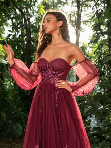 Faeriesty Luxe Applique Detail Off Shoulder Mesh Prom Dress - Burgundy - View 9