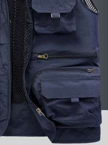 夏季健身男士户外多口袋休闲春秋背心夹克，适合徒步/钓鱼/摄影 - 藏蓝色 - 查看 5