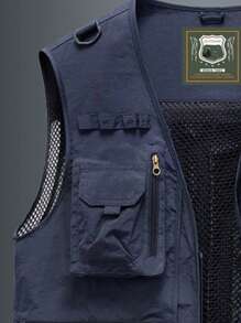 夏季健身男士户外多口袋休闲春秋背心夹克，适合徒步/钓鱼/摄影 - 藏蓝色 - 查看 3