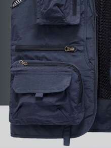 夏季健身男士户外多口袋休闲春秋背心夹克，适合徒步/钓鱼/摄影 - 藏蓝色 - 查看 4