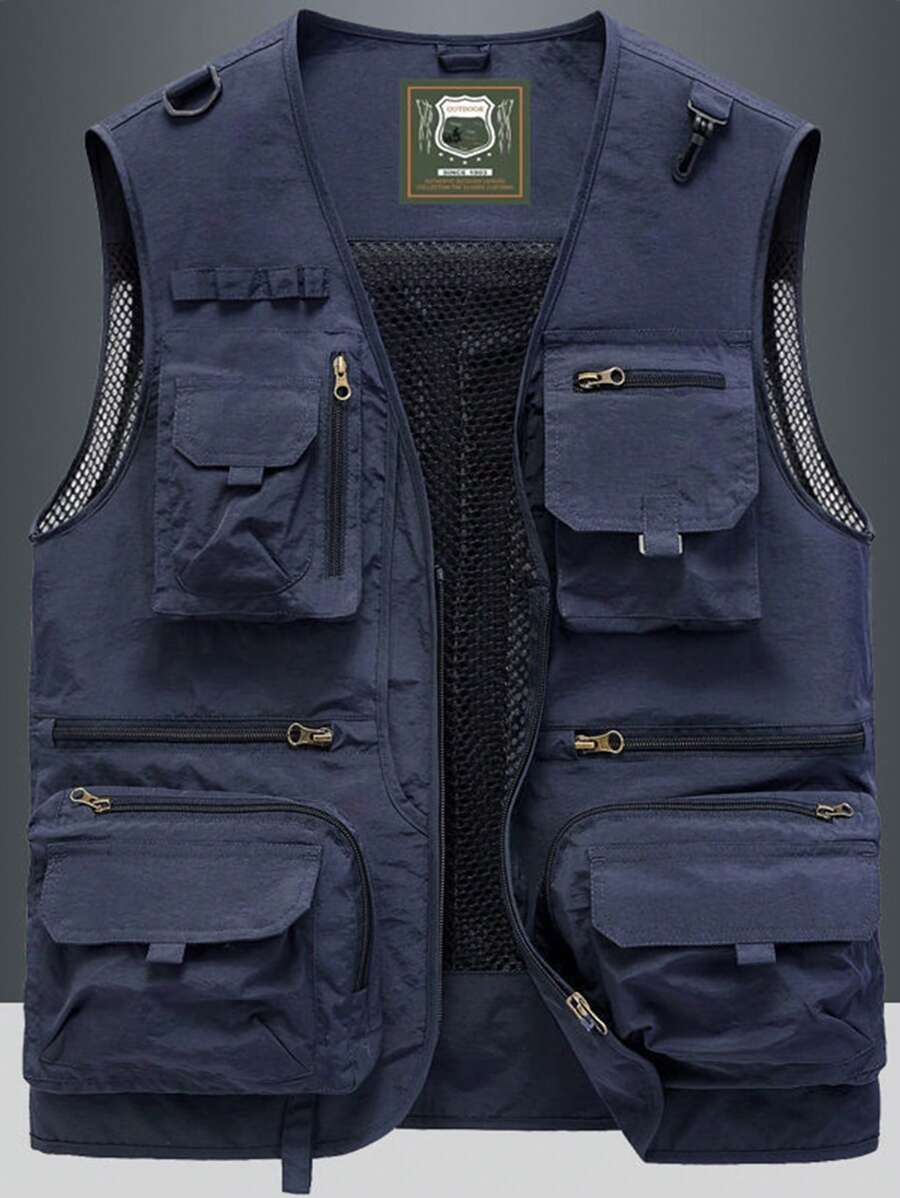 夏季健身男士户外多口袋休闲春秋背心夹克，适合徒步/钓鱼/摄影 - 藏蓝色 - 查看 1