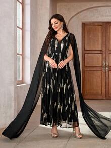 女士 V 领荷叶边袖雪纺亮片缀饰 V 领连衣裙，黑色优雅长袖正式晚会舞会礼服，适合婚礼嘉宾、毕业典礼、晚宴 - 黑色 - 查看 3