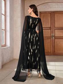 女士 V 领荷叶边袖雪纺亮片缀饰 V 领连衣裙，黑色优雅长袖正式晚会舞会礼服，适合婚礼嘉宾、毕业典礼、晚宴 - 黑色 - 查看 6