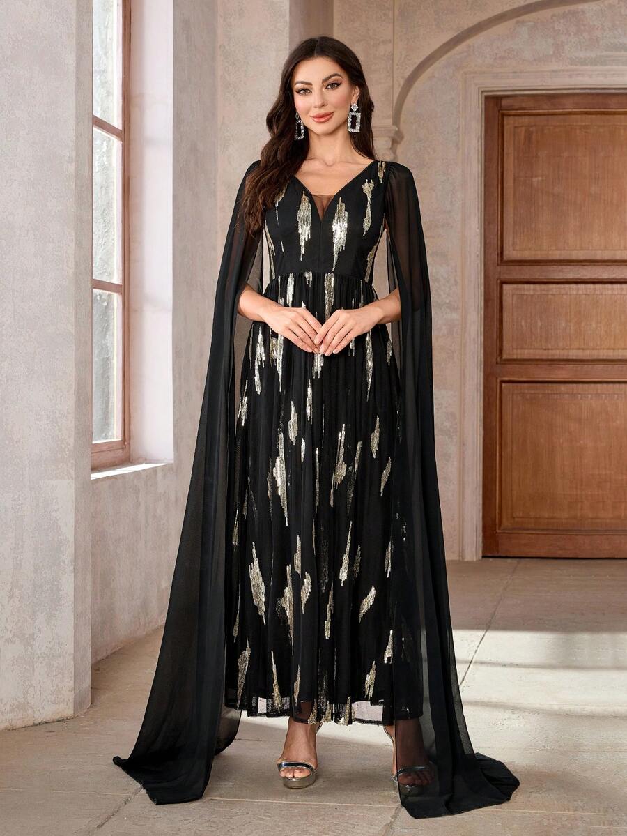 女士 V 领荷叶边袖雪纺亮片缀饰 V 领连衣裙，黑色优雅长袖正式晚会舞会礼服，适合婚礼嘉宾、毕业典礼、晚宴 - 黑色 - 查看 1