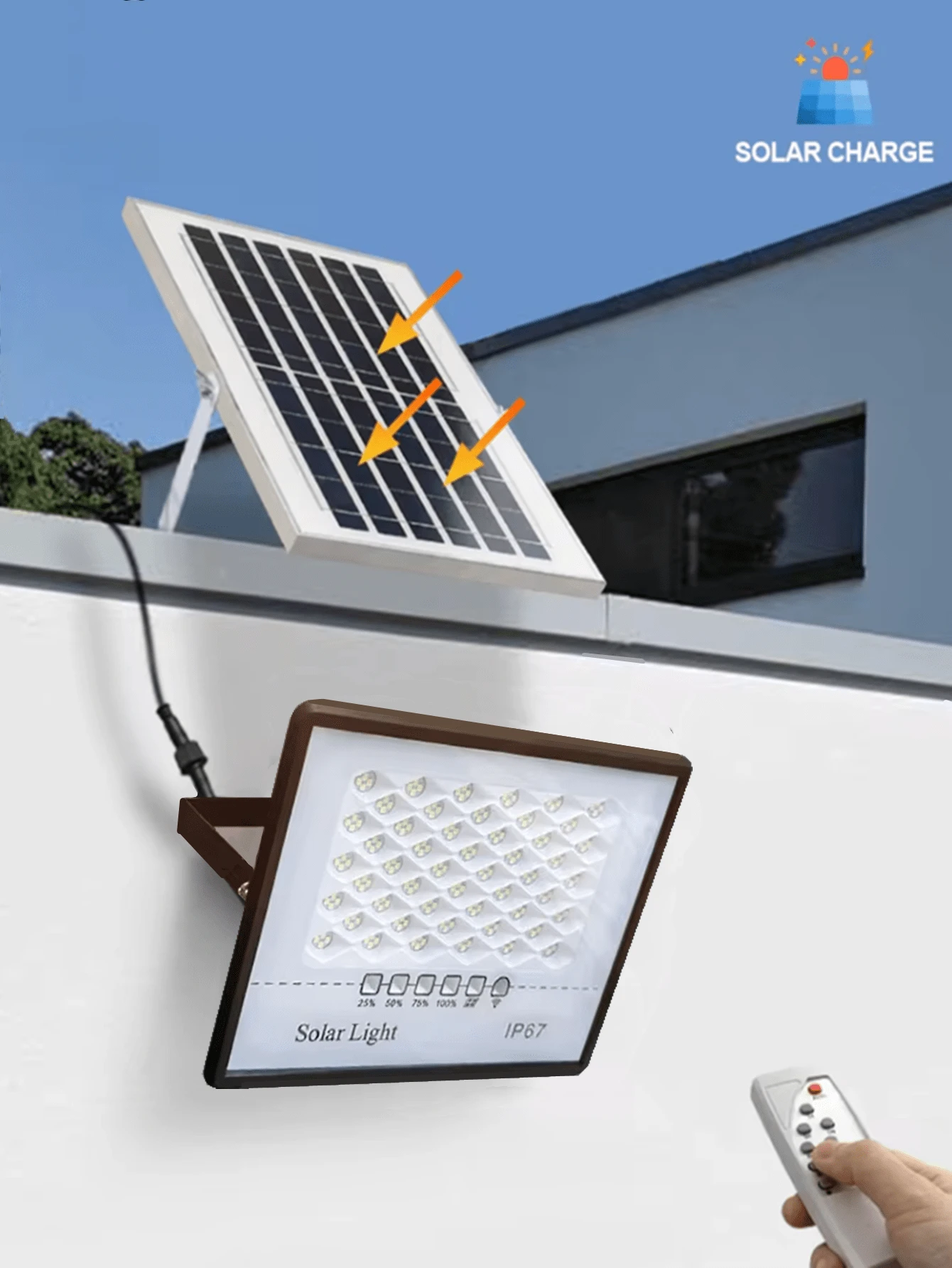 1 pieza Foco solar, resistente al agua, con control remoto, temporizador, iluminación paisajística solar para paredes, jardín, patio, iluminación exterior para caminos, jardín, patio.