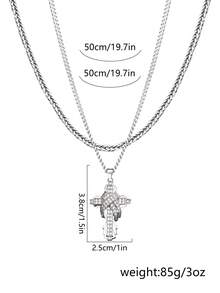 Nooxian 2pcs/Set Luxury Punk Cross Pendant Necklace For Men, Stainless Steel Chain With Bling Crystal Accents, Fashion Jewelry Gift - Silver - View 4