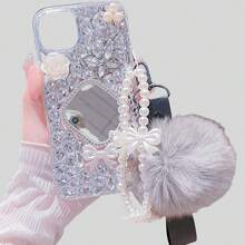 Funda protectora para teléfono con espejo / mariposa / flor decorada con rhinestones, cuerda de lazo y pompón compatible con Samsung // Redmi // iPhone, estilo Y2K con brillo - multicolor - Ver 59