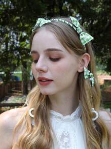 1pc Green Plaid Bow Headband, Elegant Women Hair Accessories, Bridal Wedding Headpiece