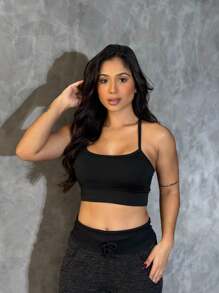 Fitness Strappy Top With Crossover On The Back, Zero Transparency Cropped Top - Black - View 3