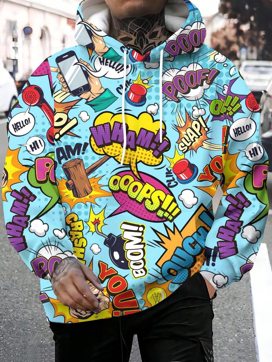 Men's Retro Cartoon Style All-Over Letter Print Drawstring Hoodie, For Fall, Long Sleeve Top - Multicolor - View 1