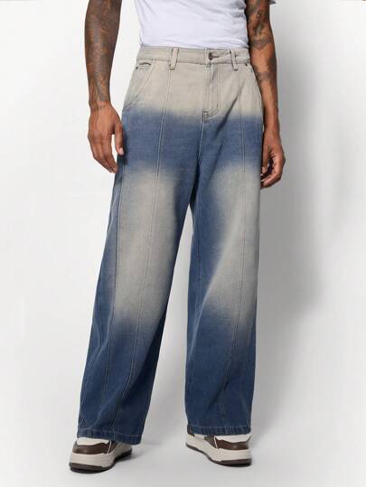 INFLATION Men's Washed Traceable Wide-Leg Jeans With Cut And Sew Insert Pockets