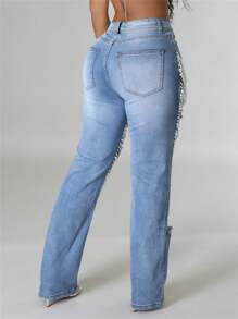 Straight Leg Jeans For Women Mid-Rise Distressed Ripped Hole Pearl Chain Boyfriend Denim Pants - Light Wash - View 6