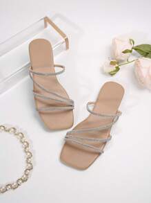 Sandal Datar Rhinestone Terbaru untuk Wanita, Sandal Selop Datar Modis dengan Nuansa Mewah, Cocok untuk Jalan-jalan, Berkumpul, Pesta, Kencan, dan Perjalanan Sehari-hari - Aprikot - View 3