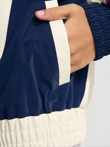 OUTTA BOX Áo khoác thể thao thường ngày màu xanh và trắng tương phản viền đỏ PU mùa xuân/hè - Xanh và trắng - Xem 10