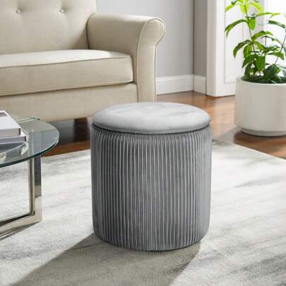 Living And Home 1 Piece Modern Pleated Round Ottoman With Soft Padded Seat,Velvet Vanity Stool For Makeup,Upholstered Footrest Stool For Living Room,Bedroom,Home Office