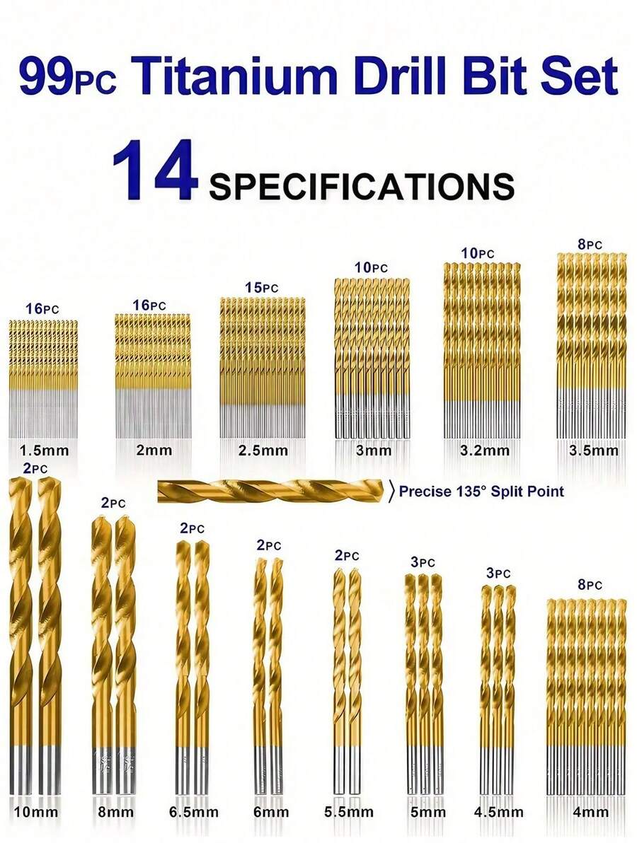 STONEGO 1 Box (99 Pcs) Titanium Drill Bit Set Round Shank Electric