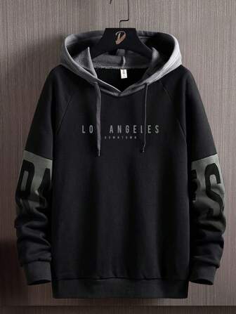 Men Letter Graphic Raglan Sleeve Drawstring Hoodie, For Fall