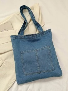 Light Wash Denim Effect Canvas Tote Bag, Multi-Pocket Commuting Handbag, Women's Large Capacity Tote Bag With Inner Pockets, Soft And Washable - Baby Blue - View 3