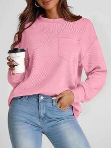 Women's Round Neck Long Sleeve Front Pocket Texture Fabric Casual Sweatshirt, Autumn/Winter