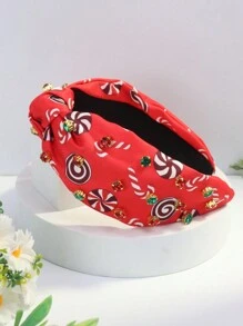 1 pieza Diadema con adorno de strass y estampado navideño de poliéster para mujer, accesorios navideños