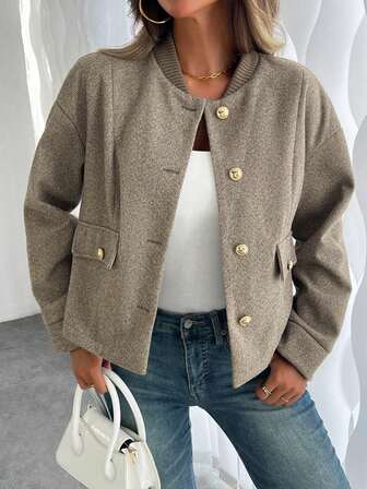 Women's Drop Shoulder Long Sleeve Fashionable Button Design Baseball Jacket, New Collection Autumn/Winter