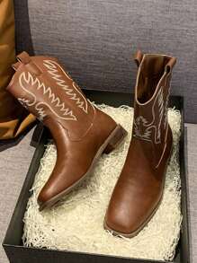 Women's Elegant Fashion Boots, Classic Slip-On Casual Flat Square Toe Embroidered Western Boots, Brown Casual Embroidered Riding Boots, Beige English Style Women's Boots, European Style Women's Boots