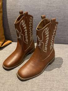 Women's Elegant Fashion Boots, Classic Slip-On Casual Flat Square Toe Embroidered Western Boots, Brown Casual Embroidered Riding Boots, Beige English Style Women's Boots, European Style Women's Boots