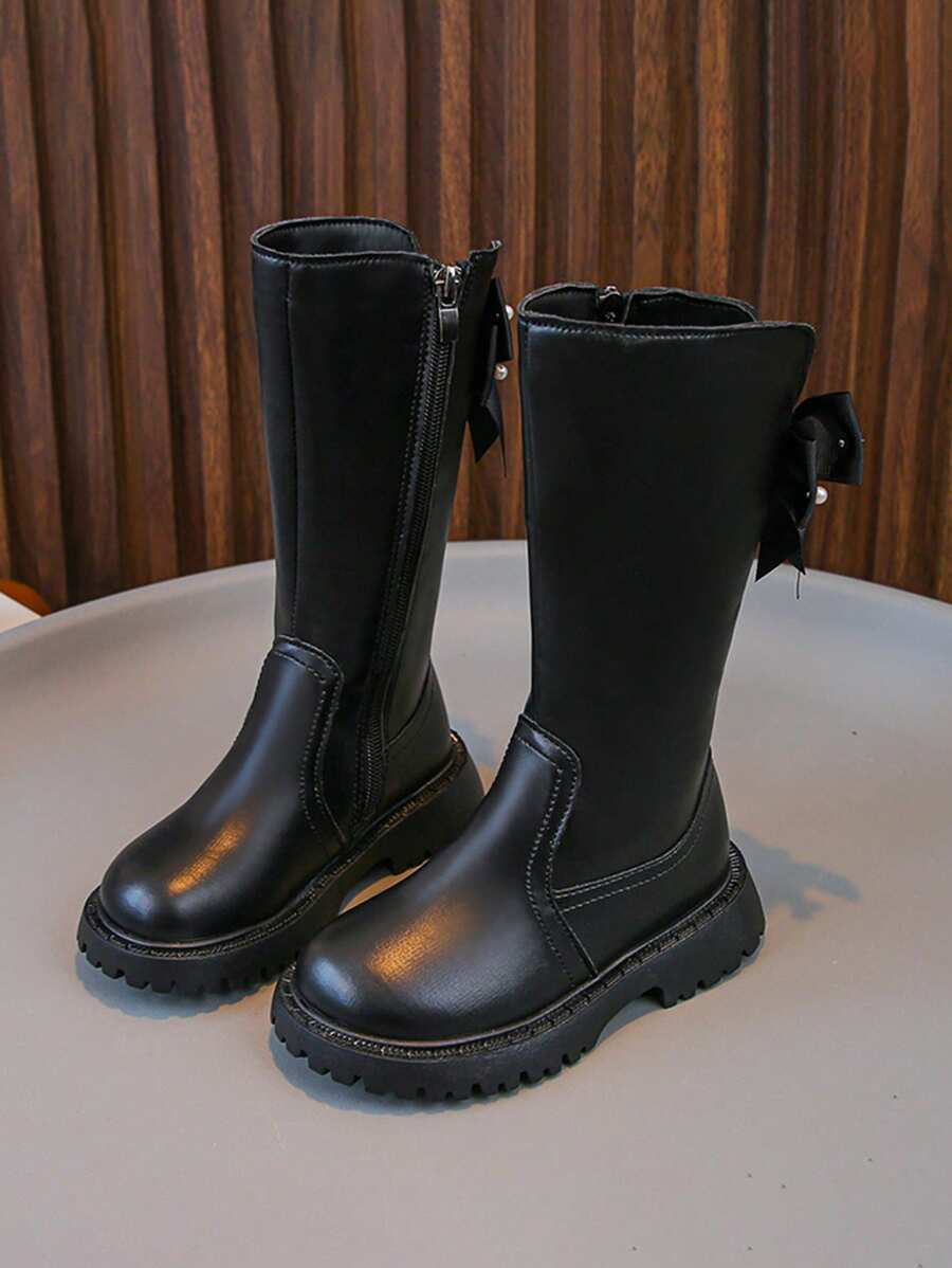 1 Pair Of New Autumn Baby Boots For Girls Long Boots Sweet And Cute Bow Leather Boots, Suitable For Outdoor Use In Autumn And Winter, Matched With Casual Wear, Skirt, Daily Use, Lightweight And Anti-Slip Soles, Comfortable And Durable - Black - View 1